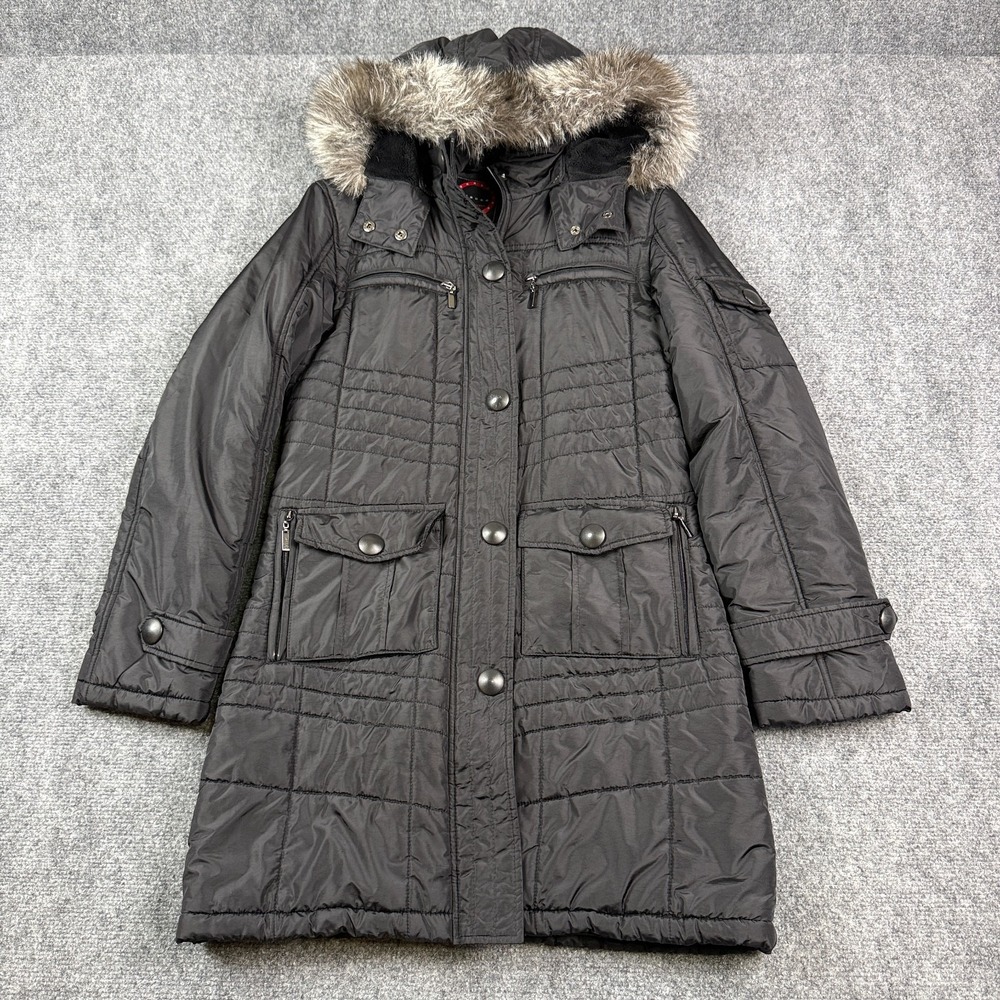 Giacca Womens Parka S Black Faux Fur Hood Quilted Long Winter Coat Gallery EUC